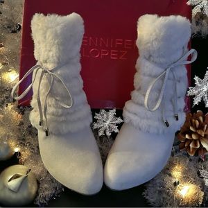 JLO Madeira White Faux Suede and Fur Stiletto Booties Size 7 1/2